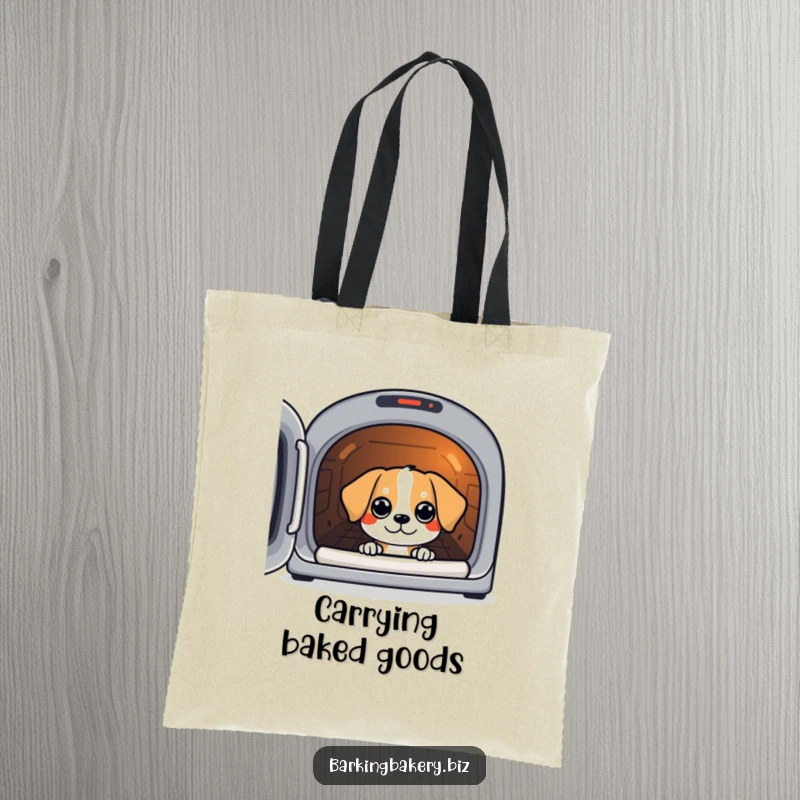 Funny tote bag featuring a dog peeking with eager eyes into a warm oven, anticipating tasty treats.