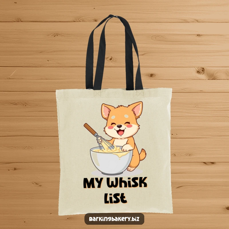 Funny dog tote bag with an image of an energetic dog holding a large whisk, mixing batter in a bowl, a baker's helper.