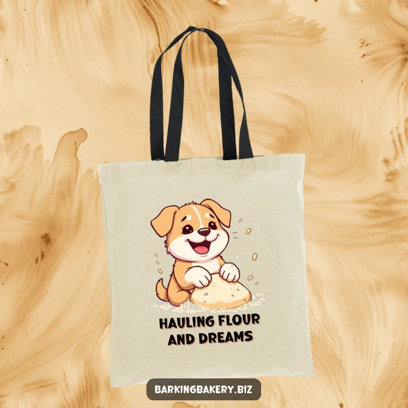 Funny dog tote bag showing a dog enthusiastically kneading dough, with flour dramatically flying around.