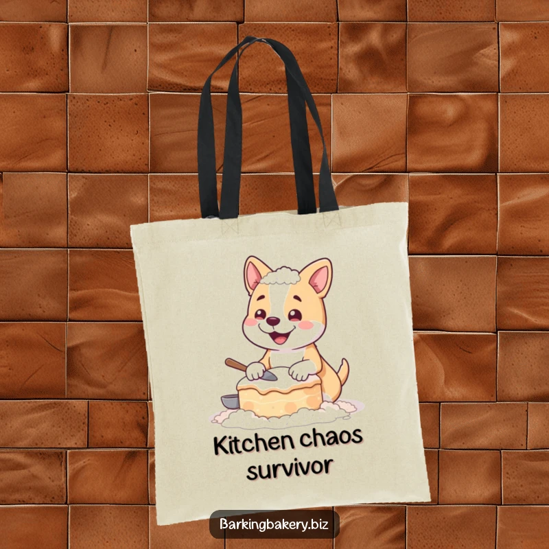 Funny tote bag featuring a happy dog covered in flour, holding a funny, lopsided cake, ready for baking adventures.