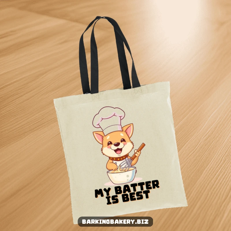 Funny Dog Chef Tote Bag: A happy dog chef gleefully whisks batter, ideal for carrying baking essentials.